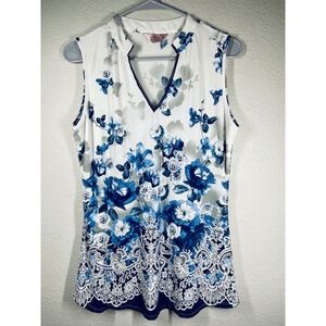 SJS Womens XL Sleeveless V Neck Floral Lace Trim Top Blue White Vietnam